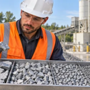 Materials engineer checks a graded tray of crushed stone ballast beside a concrete batching plant.