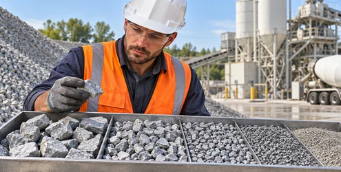 Materials engineer checks a graded tray of crushed stone ballast beside a concrete batching plant.