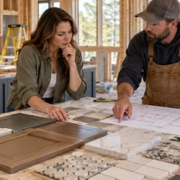 A homeowner and contractor compare cabinet, tile, and countertop samples against a finish allowance schedule in an unfinished kitchen.