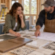 A homeowner and contractor compare cabinet, tile, and countertop samples against a finish allowance schedule in an unfinished kitchen.