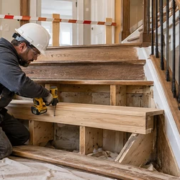 A carpenter replaces a timber stair tread while an inspector checks the tread support and handrail connection before the stair reopens.