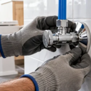Plumber fitting a polished chrome escutcheon plate around a blue water pipe at a tiled wall