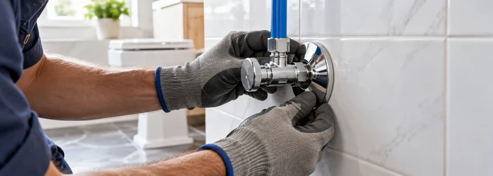 Plumber fitting a polished chrome escutcheon plate around a blue water pipe at a tiled wall