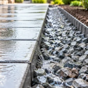 Worker checks a contained gravel edge beside a paved path to help prevent washout and improve drainage.