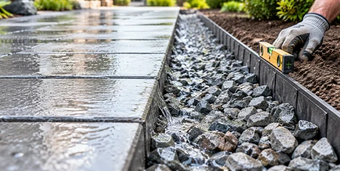 Worker checks a contained gravel edge beside a paved path to help prevent washout and improve drainage.