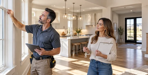 Homebuyer and inspector check a completed house during a final walkthrough before closing.
