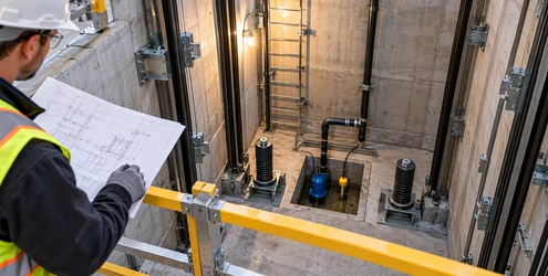 An engineer reviews an elevator pit drawing from behind guardrails while checking the sump pump, float switch, rails, and buffers below.