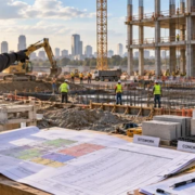 A construction cost engineer checks a work-package cost matrix alongside site plans, material samples, and active commercial building work.