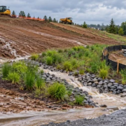 A site engineer checks runoff moving from a graded construction slope through a vegetated swale and silt fence into a sediment basin.