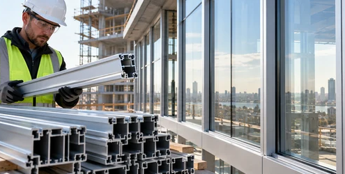 Worker examines aluminum extrusion profiles beside glazed facade framing under construction.