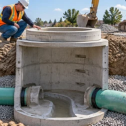 A precast sanitary sewer manhole connects two pipes in a shored trench as an engineer checks the rim.