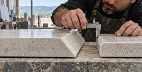 A stone fabricator compares a broad beveled edge with a smaller chamfered edge on matching countertop samples using a profile gauge and caliper.