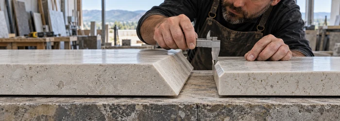 A stone fabricator compares a broad beveled edge with a smaller chamfered edge on matching countertop samples using a profile gauge and caliper.