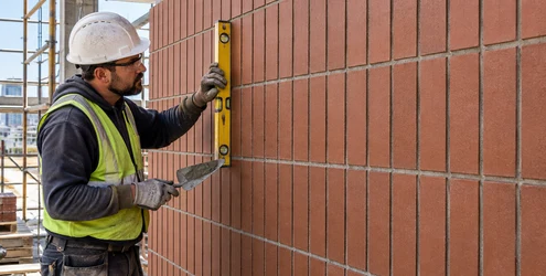 Mason checking the straight vertical joints in a stack bond brick wall