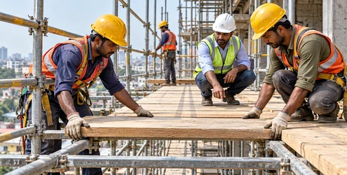 Workers fit supported timber planks across a scaffold to create a level construction work platform