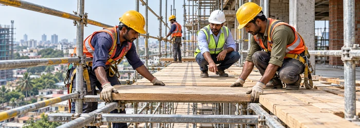 Workers fit supported timber planks across a scaffold to create a level construction work platform