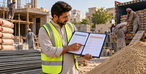 Estimator compares like-for-like delivered prices for cement, steel and sand at a Pakistan construction site