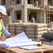 Site estimator reviews material quantities beside bricks, cement, and reinforcing steel at a Pakistan construction site.