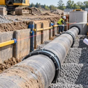 A pipe installer checks underground pipe grade with a laser level while an engineer reviews the utility drawings.