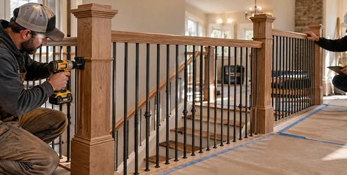 A carpenter secures a wood banister post and metal balusters at a stair landing while an inspector checks rail continuity.