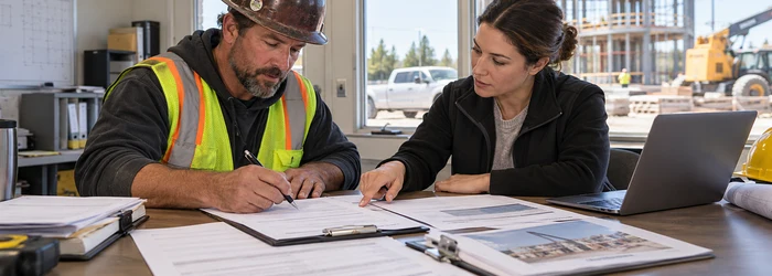A subcontractor verifies an invoice and lien release form with a general contractor accounts manager before signing.