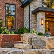 Brick and natural stone facade materials shown on a home exterior with masonry samples in the foreground.