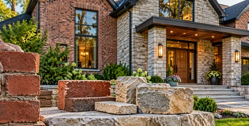 Brick and natural stone facade materials shown on a home exterior with masonry samples in the foreground.