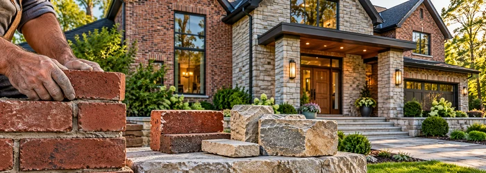 Brick and natural stone facade materials shown on a home exterior with masonry samples in the foreground.