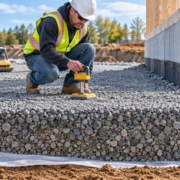 A construction engineer checks a compacted gravel subbase above geotextile and a perforated drain beside a concrete foundation.