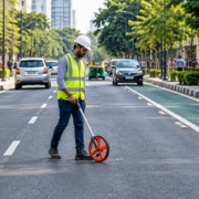 Engineer measuring street width between opposite curbs, with sidewalks outside the roadway