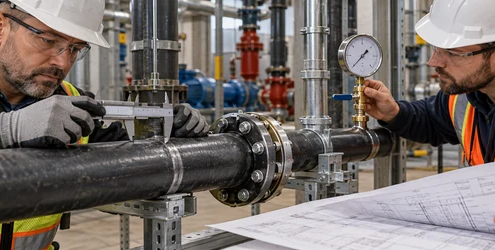An inspector measures a commercial pipe with a caliper while a technician checks its pressure gauge against the drawing.