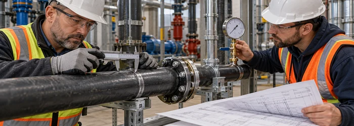 An inspector measures a commercial pipe with a caliper while a technician checks its pressure gauge against the drawing.