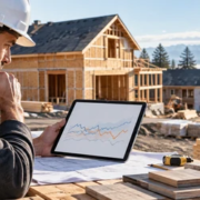 Construction estimator reviews cost trend lines on a tablet at a residential building site.