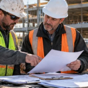 A subcontractor and general contractor review a formal notice document and project records at an active commercial construction site.