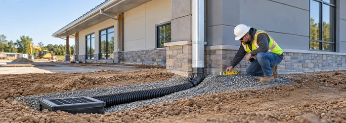 A site supervisor checks a commercial roof downspout connected to an underground storm drain graded away from the foundation.