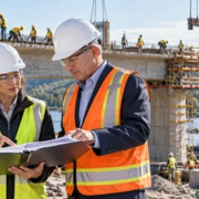 A contractor, owner representative, and surety professional review bond documents at a bridge construction site.