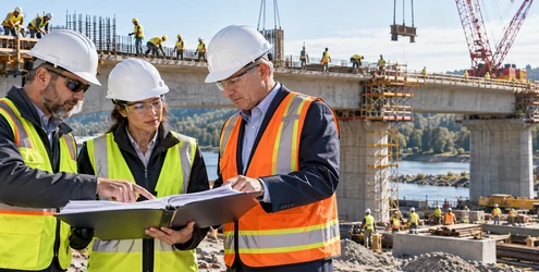 A contractor, owner representative, and surety professional review bond documents at a bridge construction site.