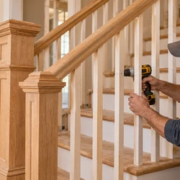 A carpenter installs wood balusters and secures the bannister rail to a newel post while an inspector reviews the stair assembly.