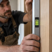 Carpenter checking a door jamb with a spirit level to make the trim sit flush and even with the finished wall.