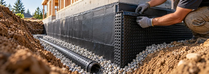 A worker installs dimpled drain board over waterproofing on a basement foundation wall above gravel and a footing drain.