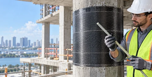 Engineer examines a fiber-reinforced polymer bar beside a concrete column strengthened with a carbon-fiber wrap.