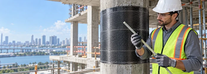 Engineer examines a fiber-reinforced polymer bar beside a concrete column strengthened with a carbon-fiber wrap.