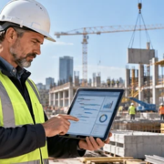 Construction superintendent reviews project information while coordinating a commercial building site.