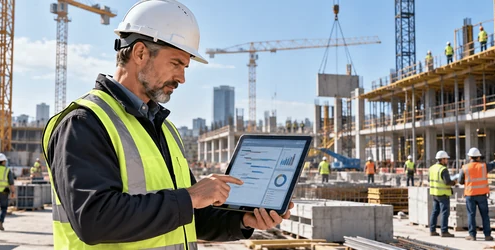 Construction superintendent reviews project information while coordinating a commercial building site.