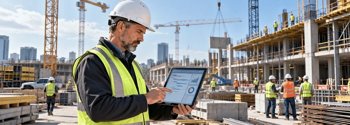 Construction superintendent reviews project information while coordinating a commercial building site.