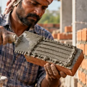 Mason spreads an even mortar layer on a brick before placing it in the wall to form a full joint