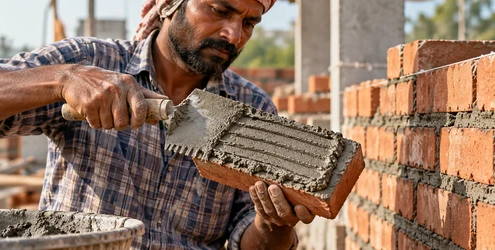 Mason spreads an even mortar layer on a brick before placing it in the wall to form a full joint
