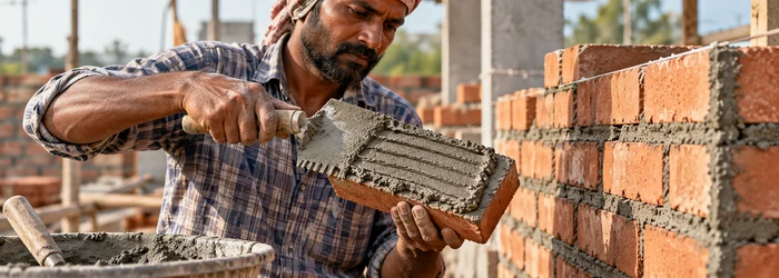 Mason spreads an even mortar layer on a brick before placing it in the wall to form a full joint