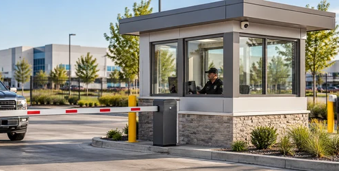 Security guard monitors a glass gatehouse and vehicle barrier at a commercial property entrance.
