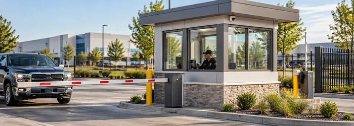 Security guard monitors a glass gatehouse and vehicle barrier at a commercial property entrance.